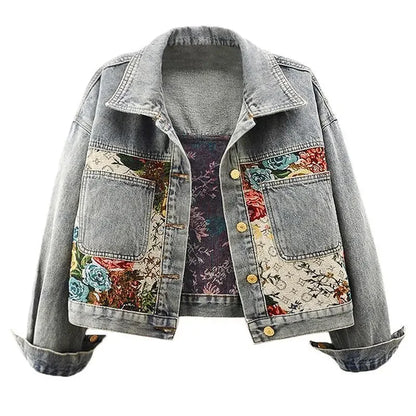 Fashion temperament denim jacket women's autumn and winter new short Joker print splicing long sleeve lapel short jacket