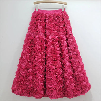 Chic 3D Floral Skirt for Women Temperament Jupe 2025 Faldas Mujer De Moda High Waist Loose Saia A-line Sweet Solid Color Skirts