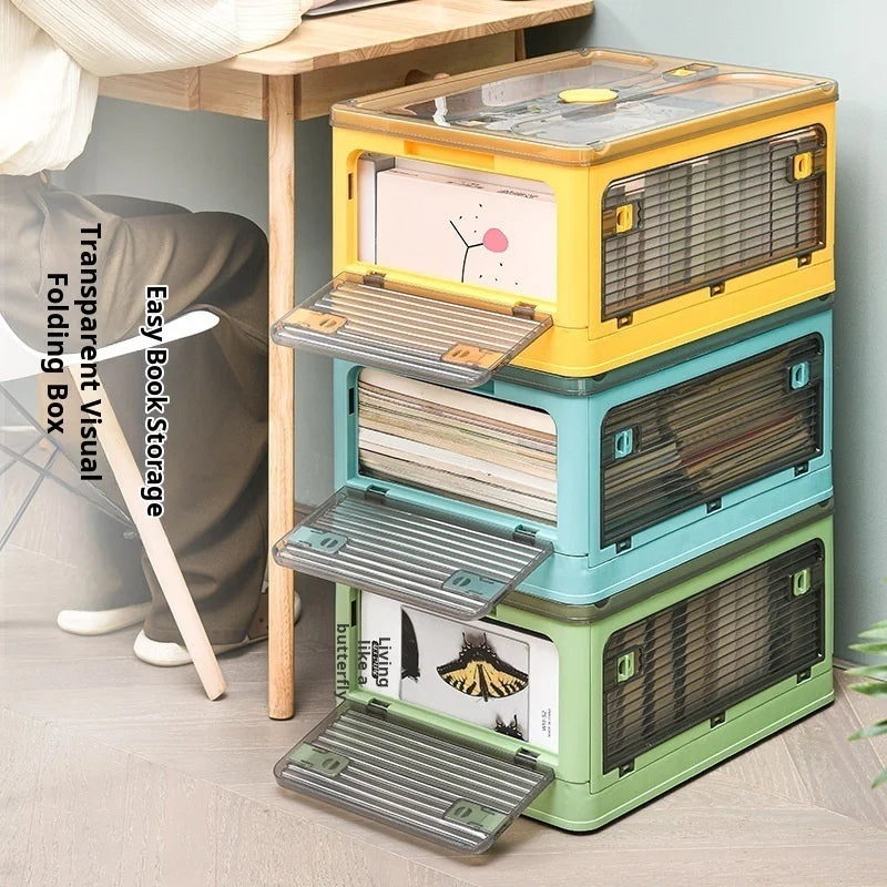 Foldable Book Storage Box, Large Capacity Transparent Plastic Storage Bin with Pull Ring Design, Easy to Open Lid, Space-Saving