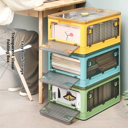 Foldable Book Storage Box, Large Capacity Transparent Plastic Storage Bin with Pull Ring Design, Easy to Open Lid, Space-Saving