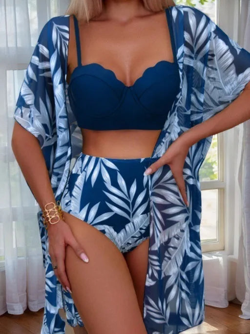 Elegant Printing 3 Piece Bikini Set Women Swimsuit Vintage High Waist Bikini Mesh Cover Up 2025 New Bathing Suit Biquini Female