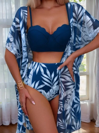 Elegant Printing 3 Piece Bikini Set Women Swimsuit Vintage High Waist Bikini Mesh Cover Up 2025 New Bathing Suit Biquini Female
