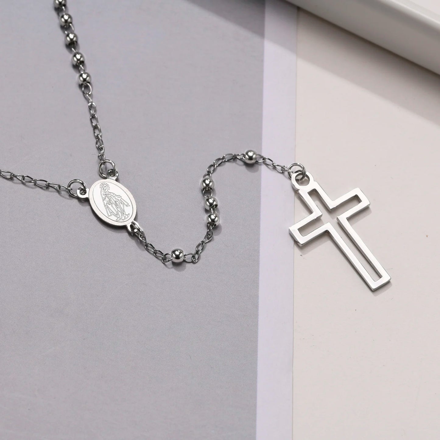Simply Rosary Necklace,Cross Necklace, Virgin Mary Religious Necklace, Lariat Necklace for Men Women Jewelry