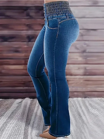 Spring High Waist Elastic Waist Denim Jeans Women's Long Flare Pants Breathable Butt-Lifted plus Size Basic Trousers