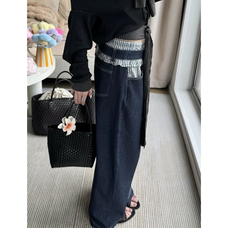 Blue Womens Jeans High Waist Vintage Design Hip Hop Straight Baggy Denim Pants Street Y2K American Style Wide Leg Denim Trouser