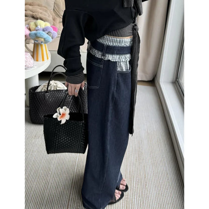 Blue Womens Jeans High Waist Vintage Design Hip Hop Straight Baggy Denim Pants Street Y2K American Style Wide Leg Denim Trouser