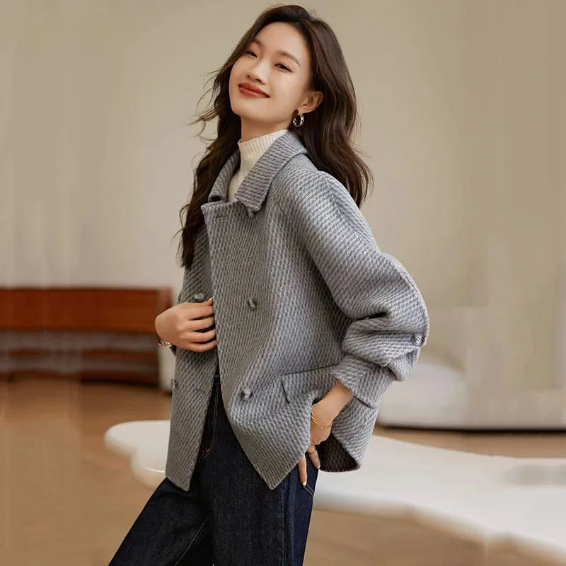2024 Autumn Winter Women's Woolen Coats New Fashion Korean Solid Short Outerwear Loose Double Breasted Woolen Jacket Female Tops
