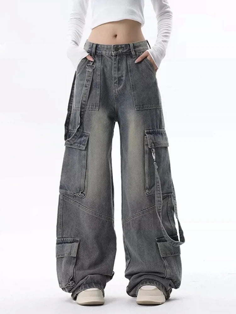 Cargo Jeans for Women Baggy High Street Chic All-match Daily Vintage Ins Waist Trousers Autumn Popular Multi-pockets Classic