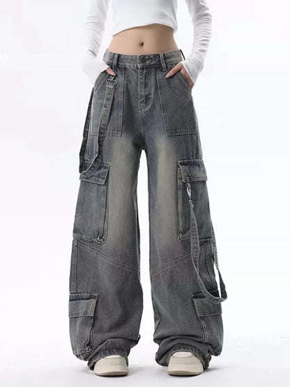 Cargo Jeans for Women Baggy High Street Chic All-match Daily Vintage Ins Waist Trousers Autumn Popular Multi-pockets Classic