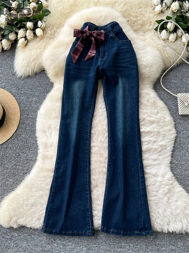 SINGREINY 2025 American Retro Flare Jeans Ladies Zipper Bow Design Slim Chic Trousers Women Autumn Senior Vintage Long Pants