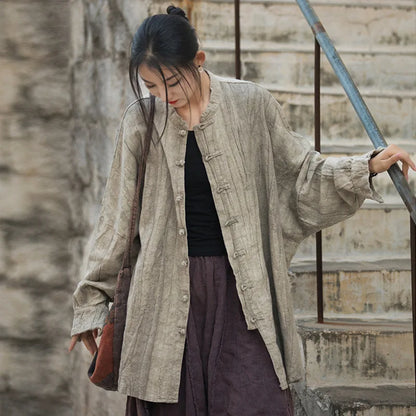 Johnature Women Vintage Ramie Shirt Jackets Stand Long Sleeve High Quality Coats 2025 Autumn New Button Loose Women Jackets