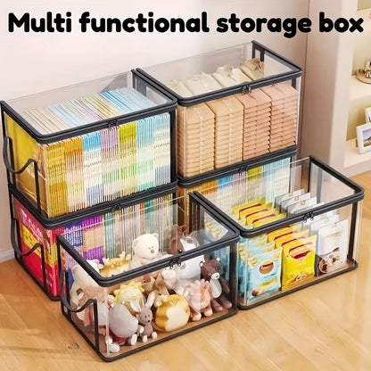2-Pack Large Transparent Storage Boxes, Foldable and Space-Saving, with Flip Lids, Large Rectangular Organizing Boxes with Front and Lid, Space-Saving Design Suitable for Books, Clothes, Office, Home, Travel, Durable Plastic