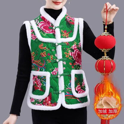 5XL Middle-aged Mother Vest Autumn Winter New Printed Fleece Vest Coat Female Sleeveless Jacket Grandma Thicken Warm Waistcoat