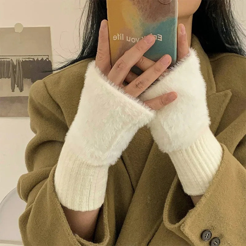 Women's Knitted Fingerless Gloves Touchscreen Thermal Plush Gloves for Autumn Winter Non-Slip Grip