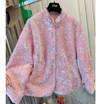 Chinese Vintage Sequin Velvet Jacket Autumn Winter New Elegant Embroidery Women's Stand Collar Single Breasted Outerwear