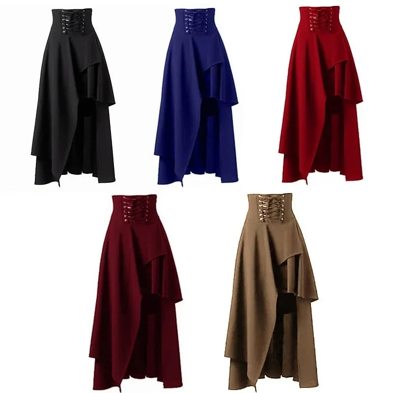 High Low Skirt Gothic Punk Lace Up Cincher Maxi Skirt Rock Hippie Pirate Draped Outfit Halloween Costume For Women
