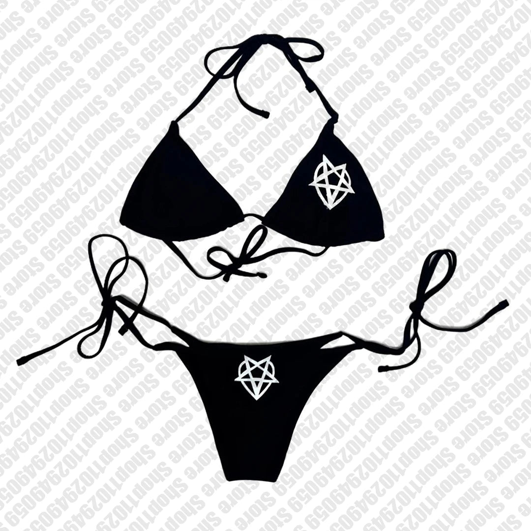 2000s  Woman Punk New Beach Swimwear Emo Girls Y2k Style Gothic Grunge Swimsuit  Bikini Y2K Bathing Suits Halter Strappy Lace Up
