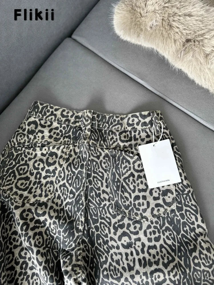 American Vintage Leopard High Waist Jeans Women's Casual 2000s Pants Baggy Y2K Wide Leg Grunge High Street Washed Denim Trouser