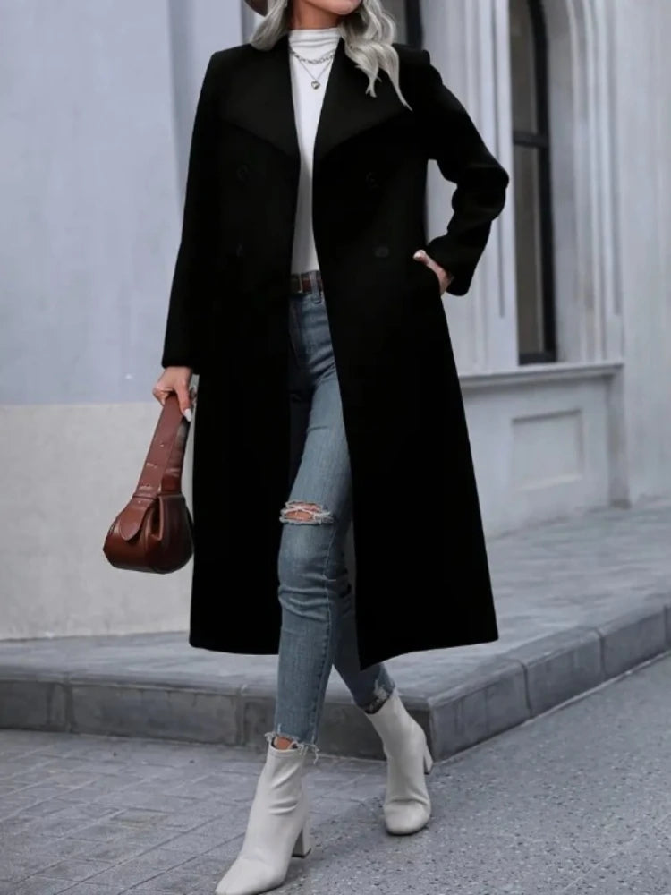 Chic Elegant Women Solid Color Grey Long Sleeve Pockets Double Breasted Fake Woolen Coat Woman Winter Warm Long Outwear