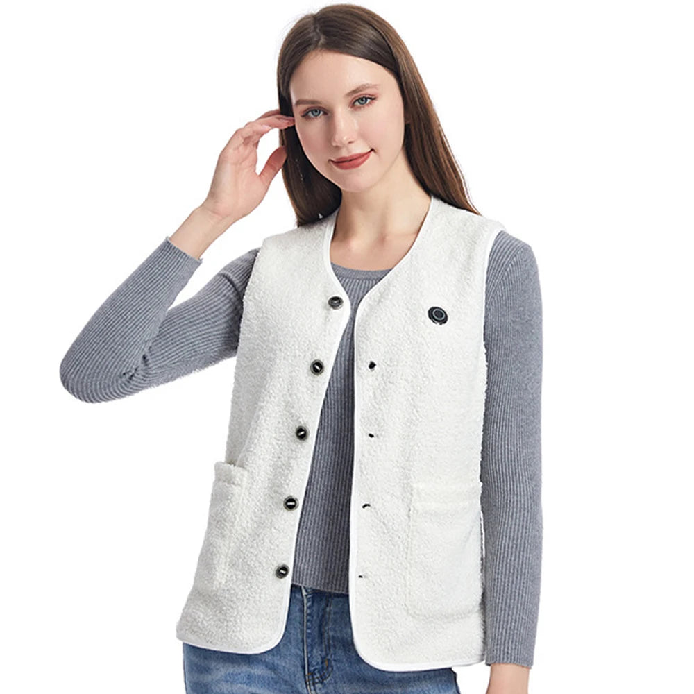 16 Areas Heated Vest Women Electric Heated Jackets Teddy Velvet V-neck USB Electric Temperature Control Winter Thermal Warm Vest