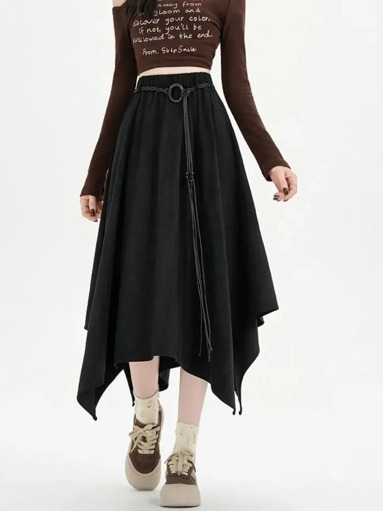 American Retro Irregular Deerskin Velvet Skirt for Women in Autumn New Ruffle Splicing Large Umbrella Skirt