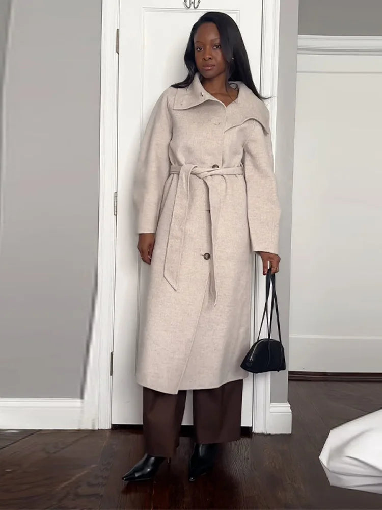 Retro Solid Stand Collar Long Tweed Coat Women 2025 Fashion Large Lapel Single Breasted Coats With Belt Lady Chic Street Outwear
