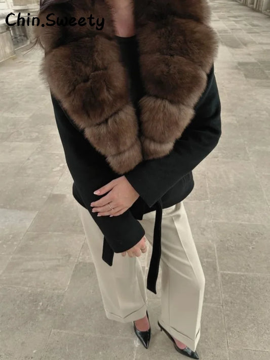 Street Women's Double Breasted Cropped Trench Coat With Faux Fur Collar Loose Full Sleeve Pocket Jacket 2025 Autumn Lady Outwear