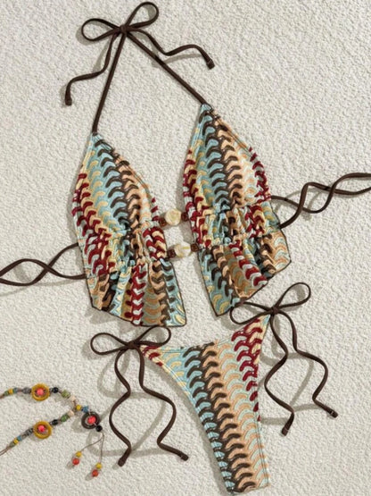 Sexy Coffee Striped Bikini Set 2026 Women Beaded String Hollow Out Crop Top Thong Swimsuit Summer Bathing Suit Holiday Swimwear