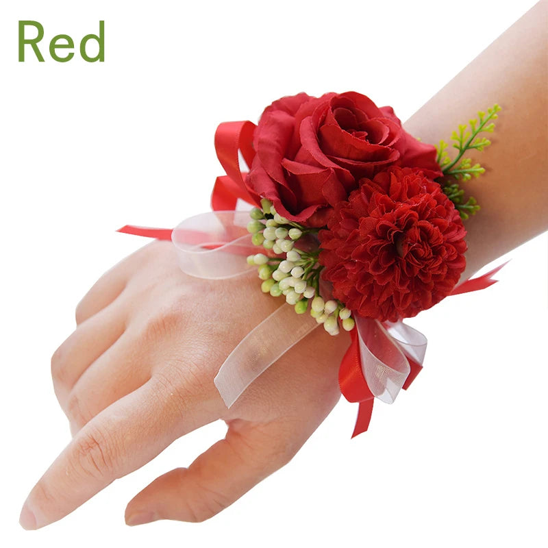 Girls Bridesmaid Wrist Flowers Groom Boutonnier Suit Corsage Pins Artificial Silk Rose Fabric Hand Flowers Wedding Accessories