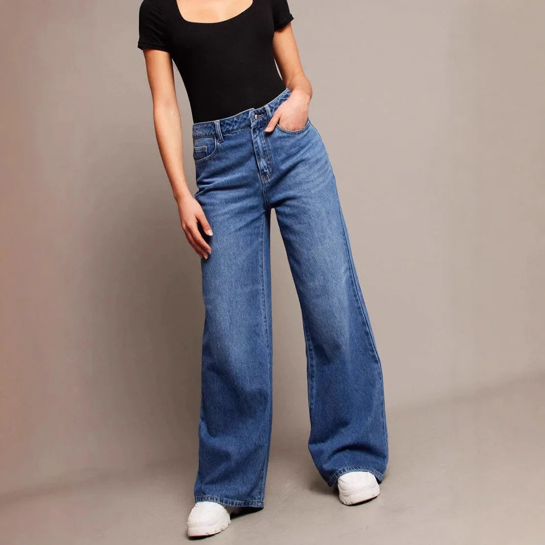 High Waist Wide Leg Denim Jeans Women's Loose Splicing Long Pants Street Style Vintage Washed Loose Jeans Fashionable Women's Cl