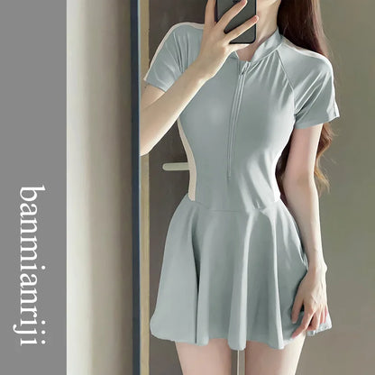 Summer One-piece Solid Color Short Sleeved Shirt Covers the Flesh Women's Clothing Appears Slim Conservative New Style Swimwears