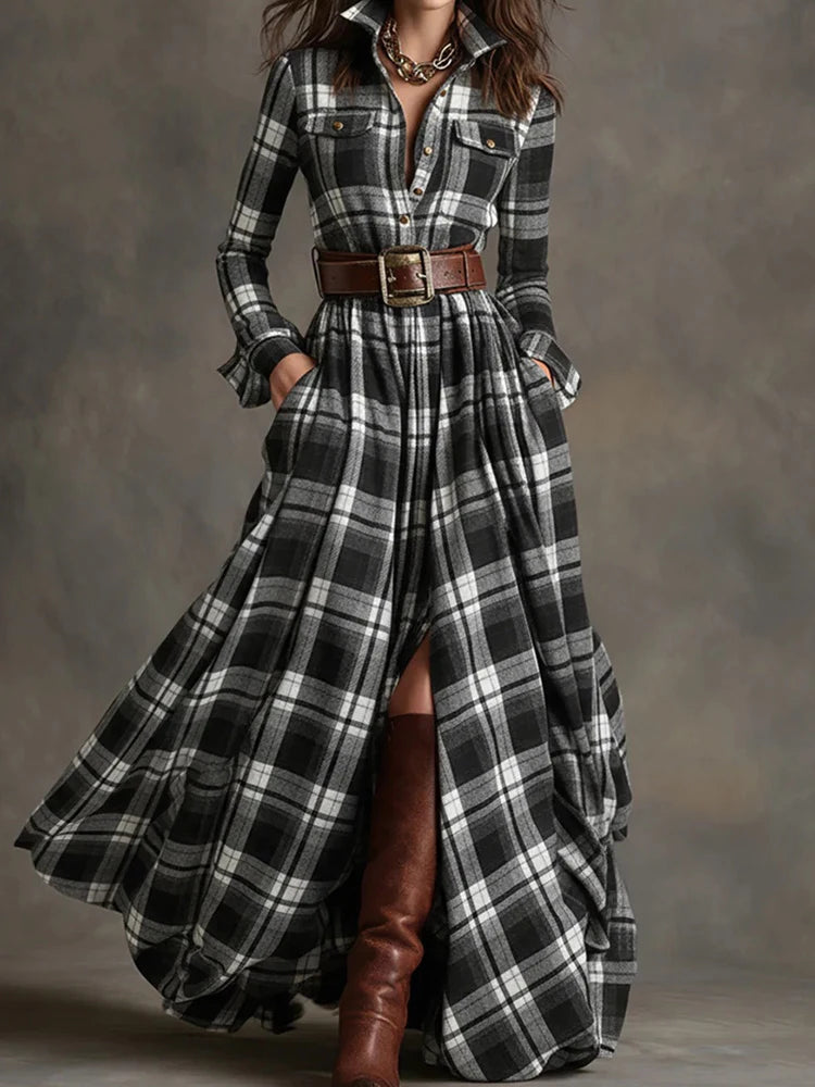 New Women's Lapel Plaid Printing Slim Fit Dress Autumn Long Sleeve Fashion Chic Party Dress with Buttons Elegant Ladies Dresses