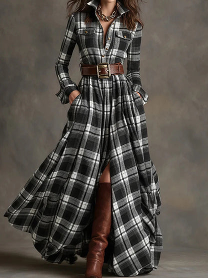 New Women's Lapel Plaid Printing Slim Fit Dress Autumn Long Sleeve Fashion Chic Party Dress with Buttons Elegant Ladies Dresses