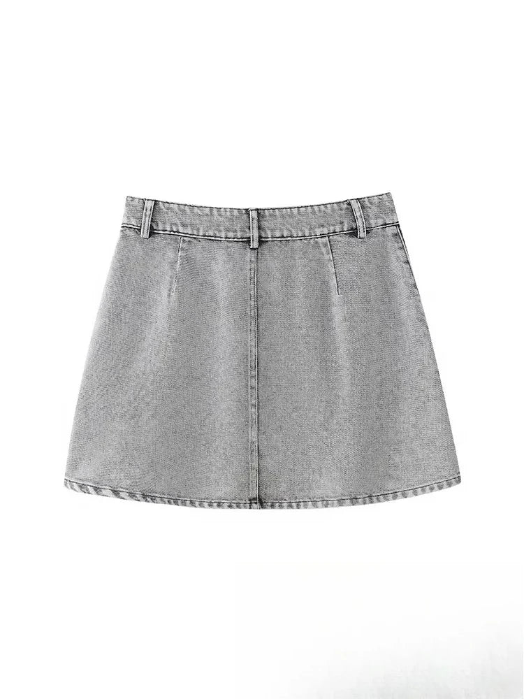 KONDALA Vintage Casual Chic Women Skirt Solid Slim Faux Pearls Denim Short Skirt New Fashion 2024 Summer Streetwear Mini Skirt
