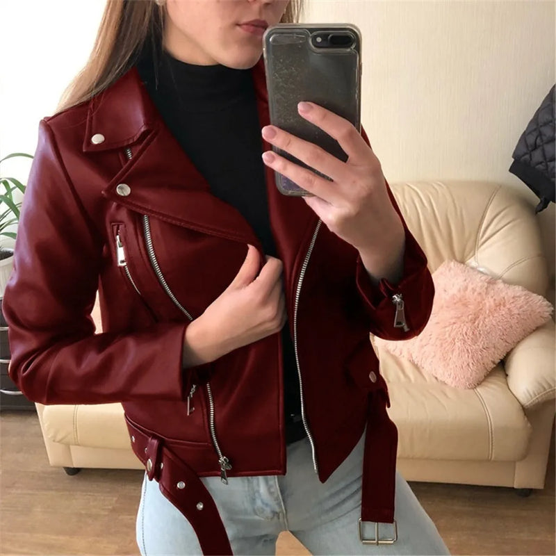 Women Vintage Faux Leather Bomber Jacket Slim Fit Long Sleeve Zipper Windbreaker Motorcycle Leather Jackets Casual Outwears