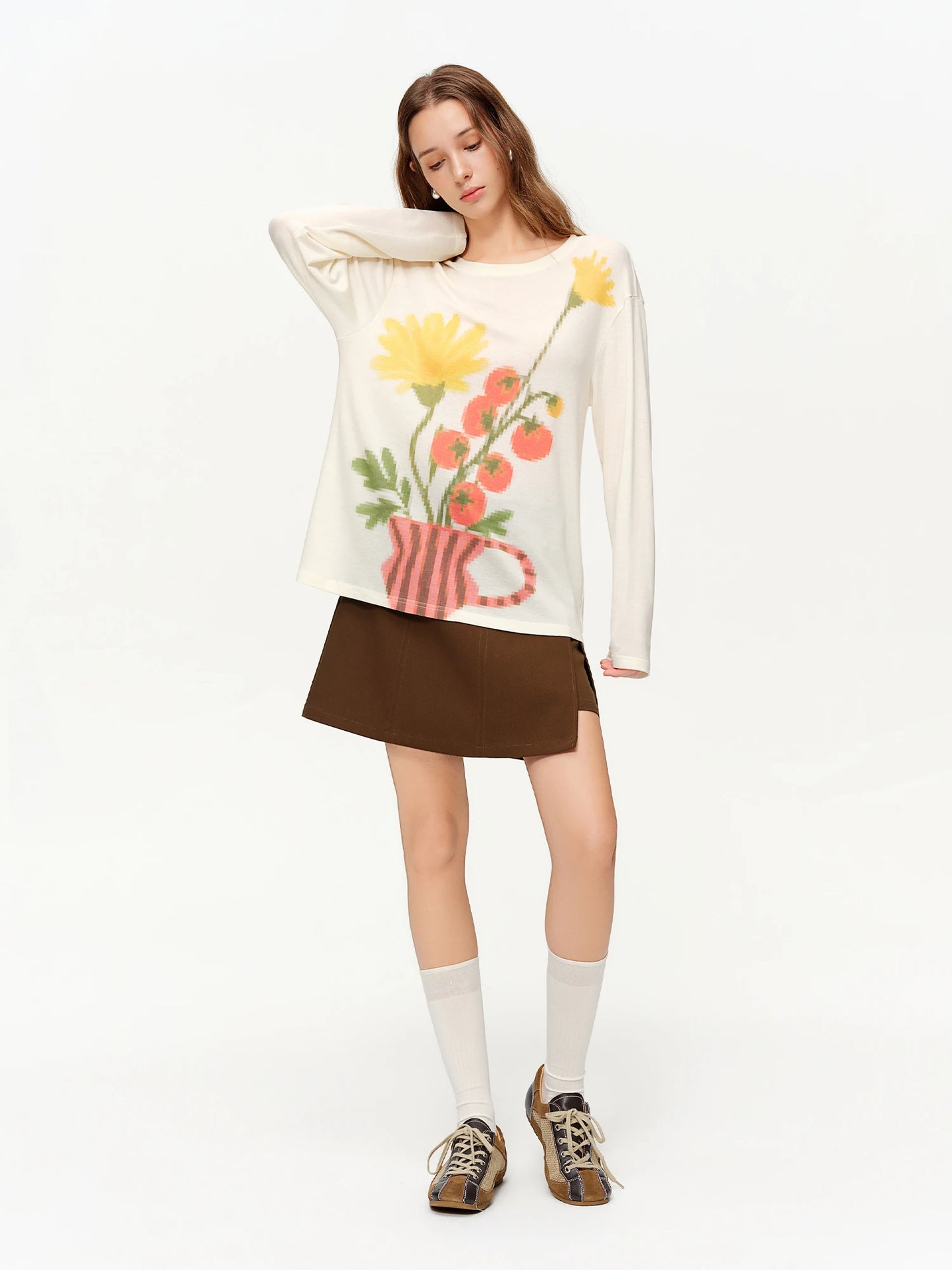 DUSHU Women Floral Art Retro Print Knit T-Shirt 2026 Spring New Arrival Floral Design Loose Casual Slim-Fitting Top Long Sleeve