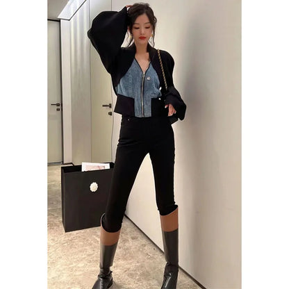 Design Sense Niche Black Denim Stitching Long-Sleeved Short Coat Women's Spring And Autumn Spice Girl Fake Two Cardigan Tops