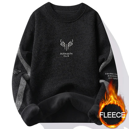 Men's Thick Fleece Sweater Embroidery Velvet Jumpers Fashion Elegant Luxury Brand Brown Knitted Sweater