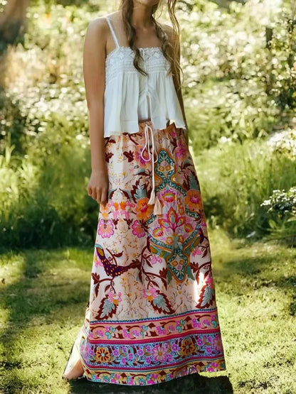 Boho Queens Peacock Women Vintage Floral Printed Tassel Beach Bohemian Maxi Skirts Ladies Elastic Waist Rayon Long Skirt