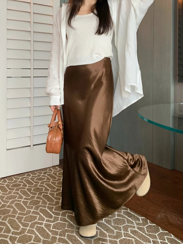 Spring Women's Long Skirts High-waist Luxury Satin Fishtail Skirt Ladies Elegant Loose Solid Gray Black A-line Skirts for Women