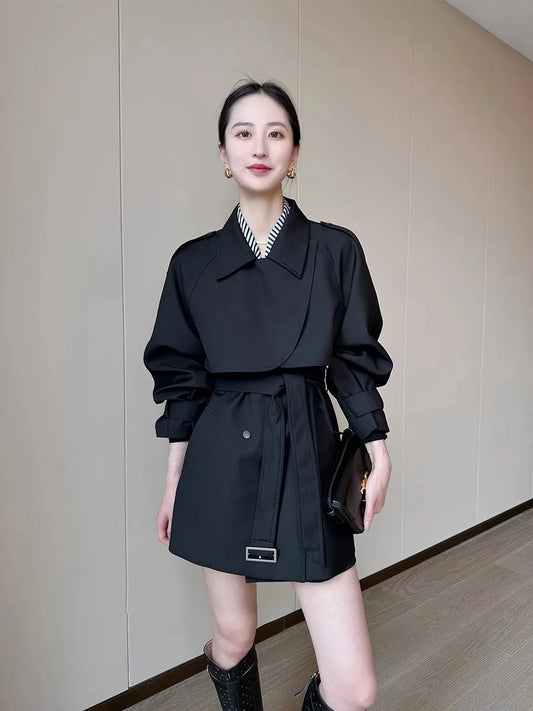 Lautaro Spring Autumn Black Trench Coat for Women Belt Double Breasted Elegant Stylish Chic Luxury Designer Clothes Fashion 2025