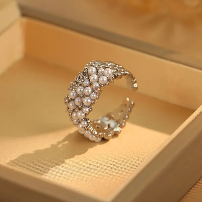 925 Sterling Silver Zircon Pearl Round Rings for Women Minimalist Trendy Light Luxury Fine Jewelry Opening Accessories