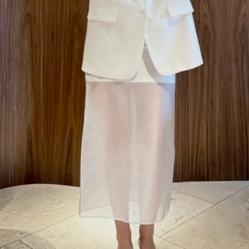 Women Seethrough High Waist Skirt Summer Casual Sexy Long Straight Skirt for Commuting Fashion Lady Splice Design