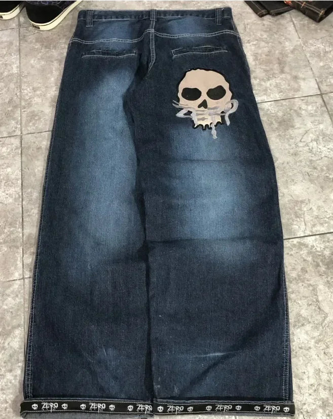 Retro British style print design sense patchwork rolled edge jeans high street casual loose wide-leg straight sports trousers