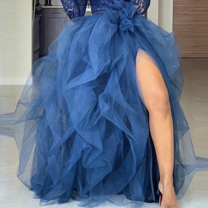 Women's Tulle Maxi Skirt Floor Length Layered High Waist Split Skirt A-Line Puffy Mesh Tutu Skirt for Elegant Lady Wedding Party