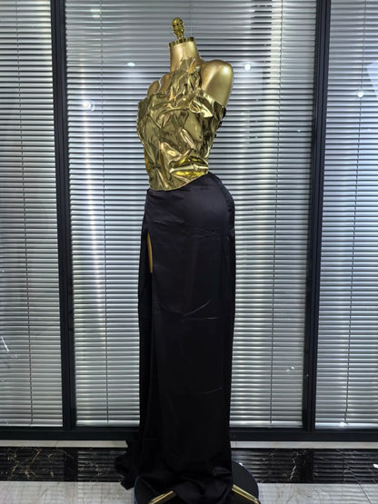 High Quality Women Sexy Strapless Golden Tops Long Skirt 2 Pieces Bodycon Dress Nightclub Party Celebrate Birthday Outfit