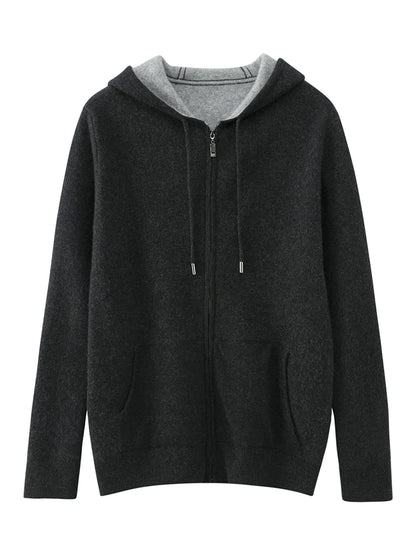 High Quality Autumn Winter Men Hooded Cashmere Sweater Long Sleeve Casual Loose 100% Merino Wool Cardigan Knitwear Clothing Tops
