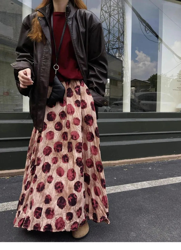 Elegant Green Dot Skirt Women Vintage High Waisted Holiday Beach Skirt A Line Skinny Print Tie Dye Pretty Style Skirt