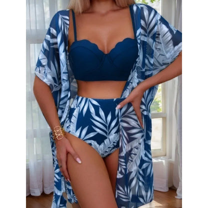 Elegant Printing 3 Piece Bikini Set Women Swimsuit Vintage High Waist Bikini Mesh Cover Up 2025 New Bathing Suit Biquini Female