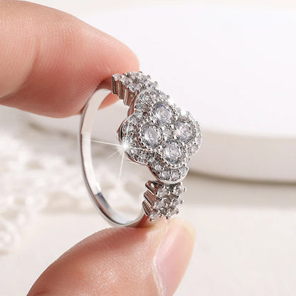 Fine Jewelry Four-Leaf 18k White Gold Plated Diamond Ring For Women S925 Sterling Silver Engagement Wedding Jewelry Gift